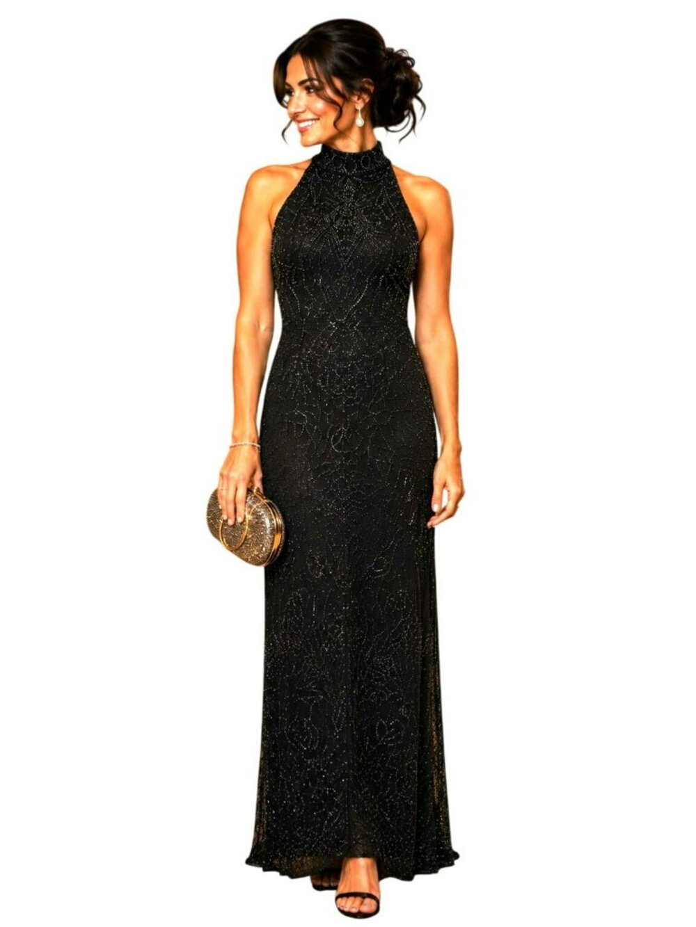 Adrianna Papell Black Beaded Evening Gown With Halter Neckline Size 14 100% Silk